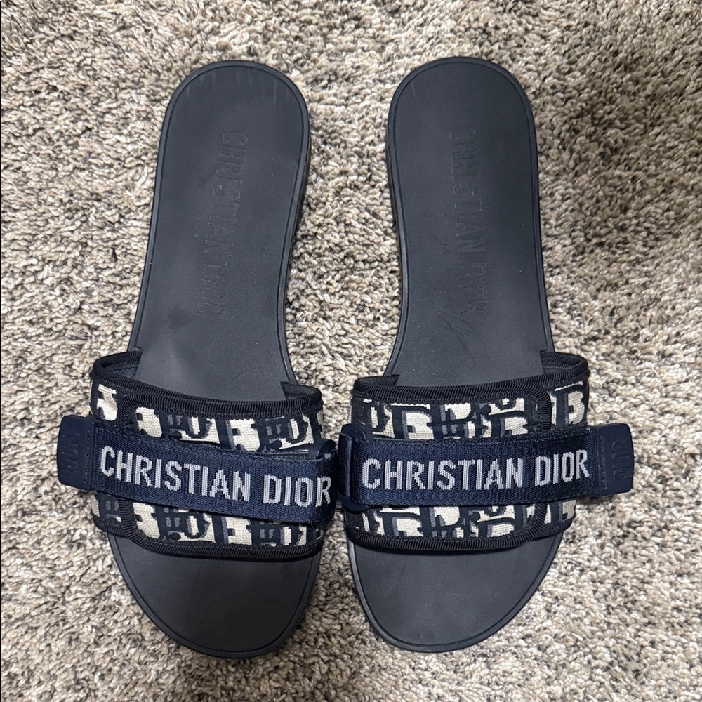 Dior Navy and White Logo Slide Sandals